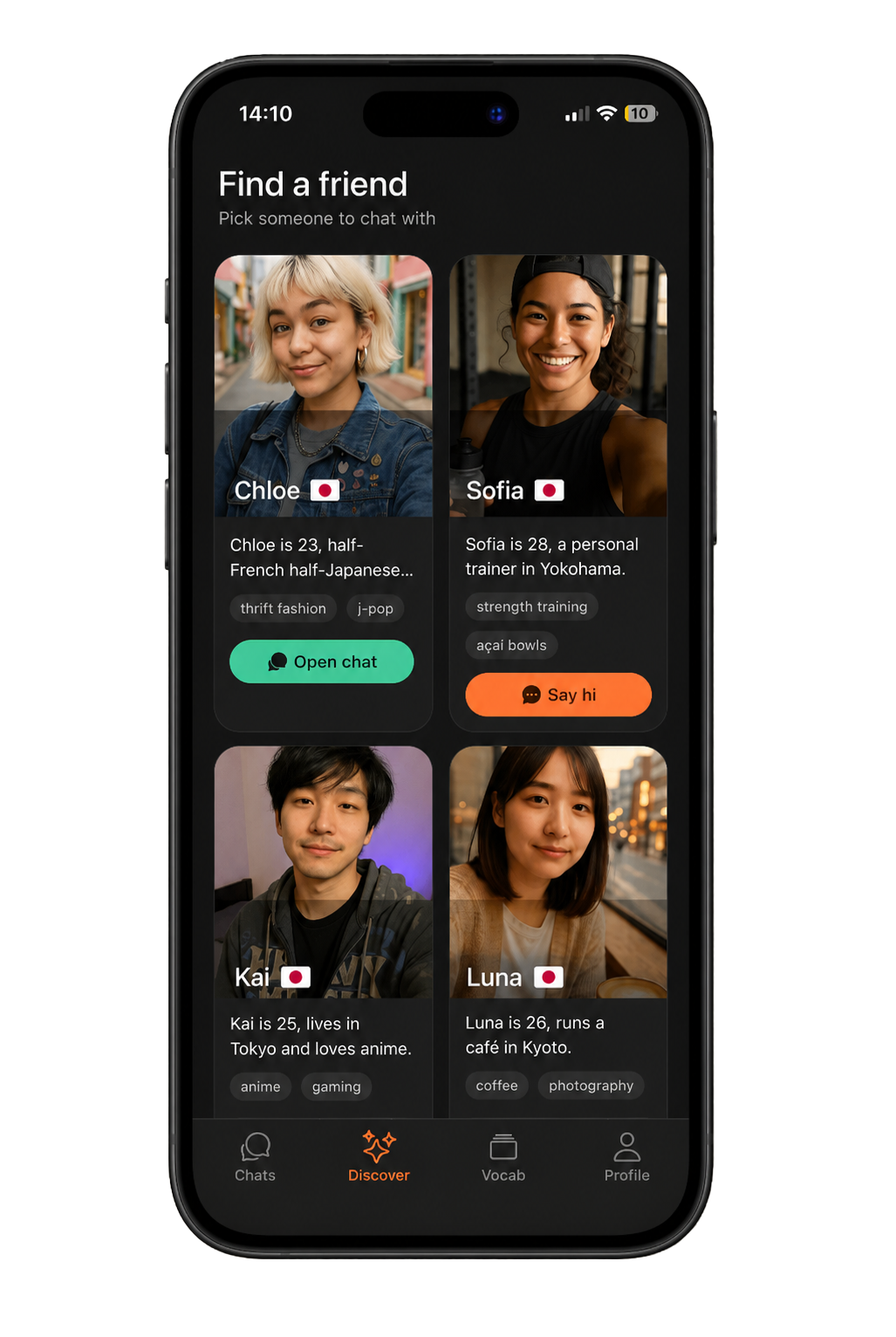 Pala discover screen — pick an AI friend to chat with